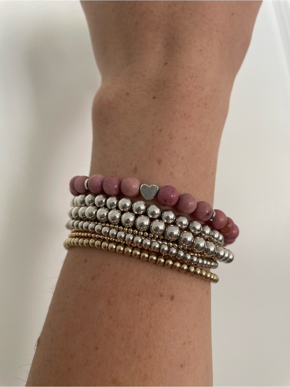 Pink Beaded Bracelet Set with Silver Accents